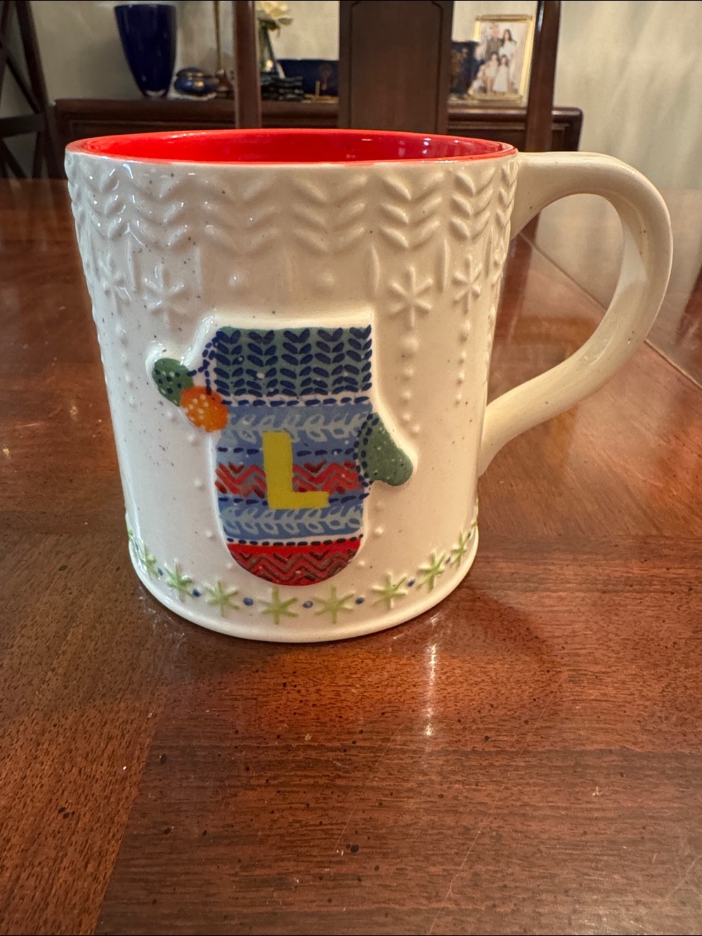 Anthropologie Letter L Monogram Christmas Winter Mitten Large Coffee Mug White